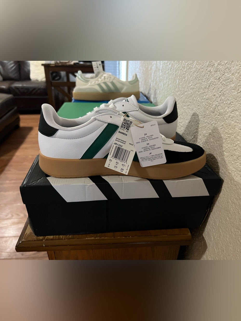 adidas BARREDA White Sneakers with Green Stripe and Gum Sole